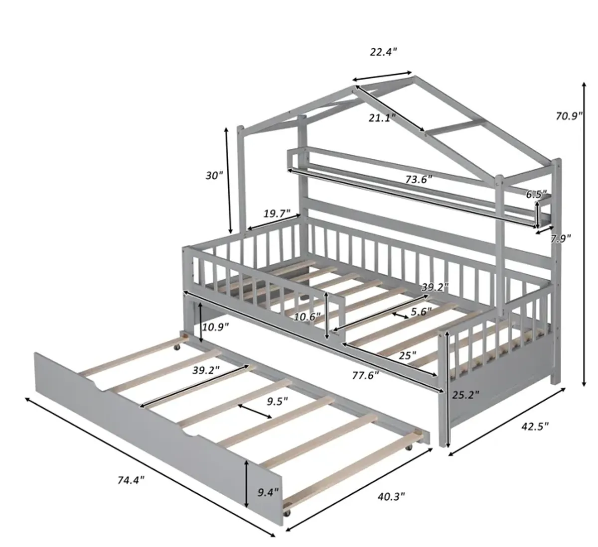 Merax Wooden House Bed with Twin Size Trundle