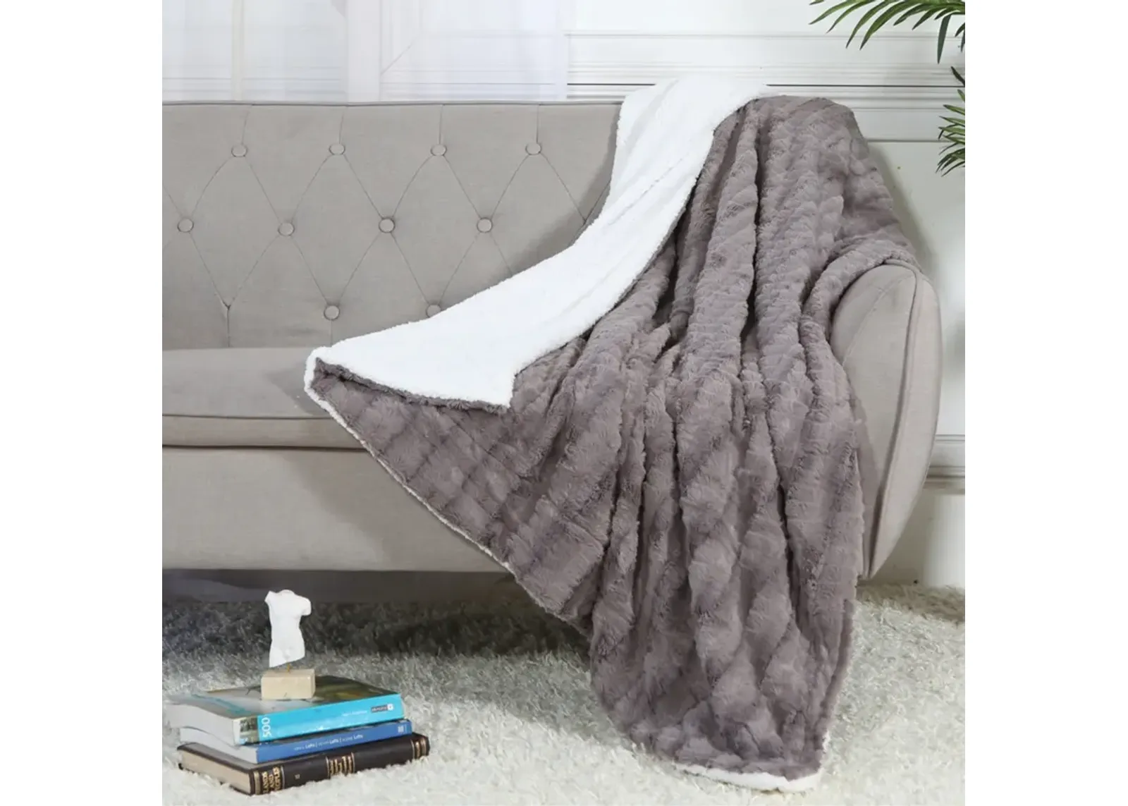 Legacy Decor Luxurious Soft Velour Fleece Throw with Super Ultra Soft Faux Fur on Backside Blanket 49”x 73” White Color