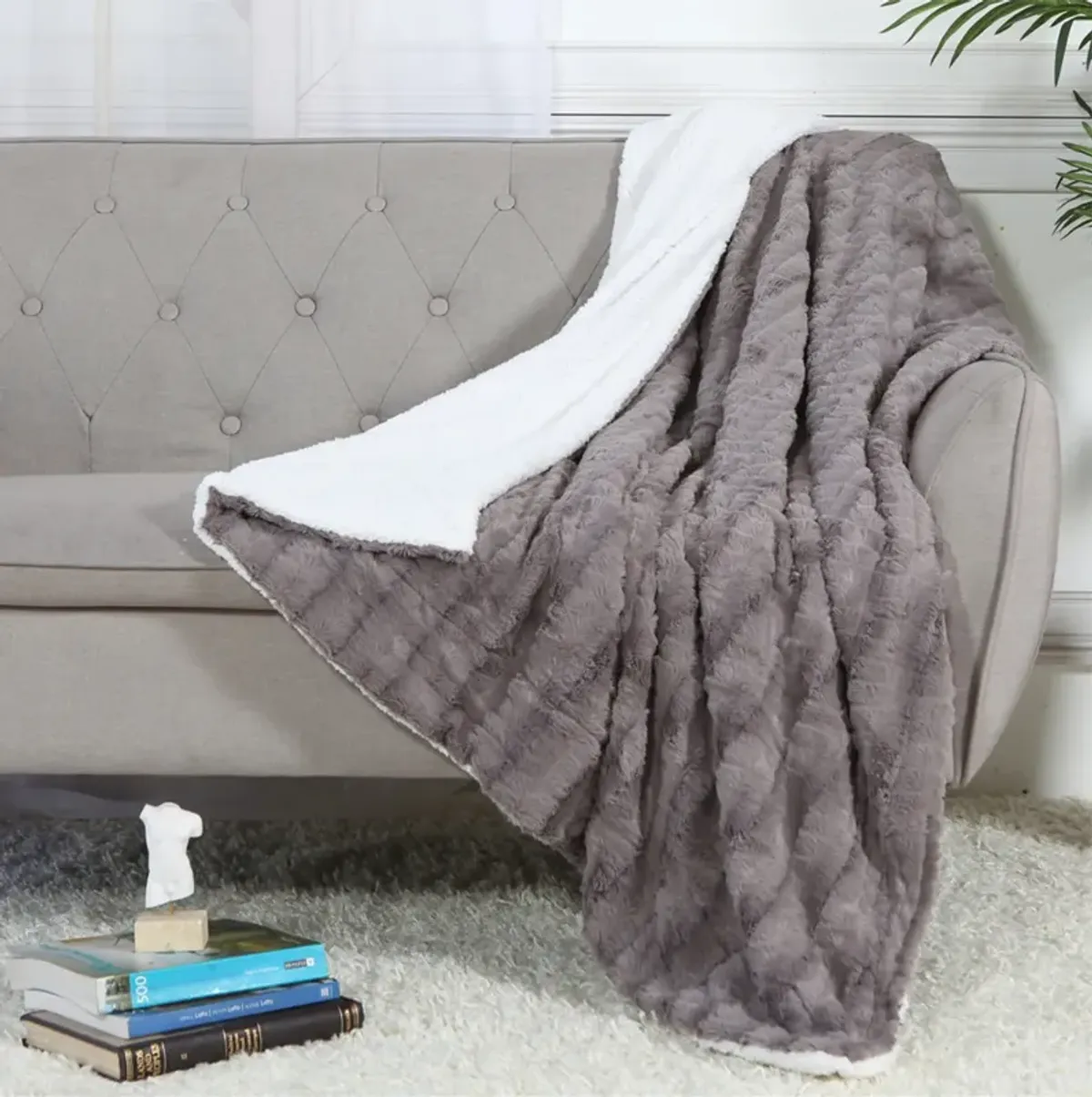 Legacy Decor Luxurious Soft Velour Fleece Throw with Super Ultra Soft Faux Fur on Backside Blanket 49”x 73” White Color