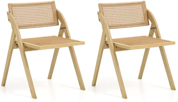 2-Pack Foldable Dining Chairs – Woven Rattan Backrest with Solid Wood Frame