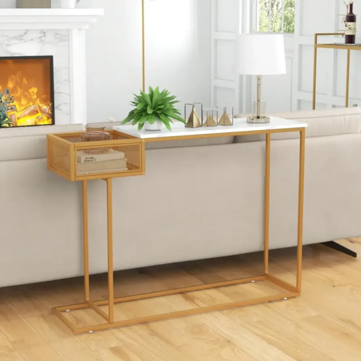 Hivvago Rectangular White Faux Marble Console Table with Storage