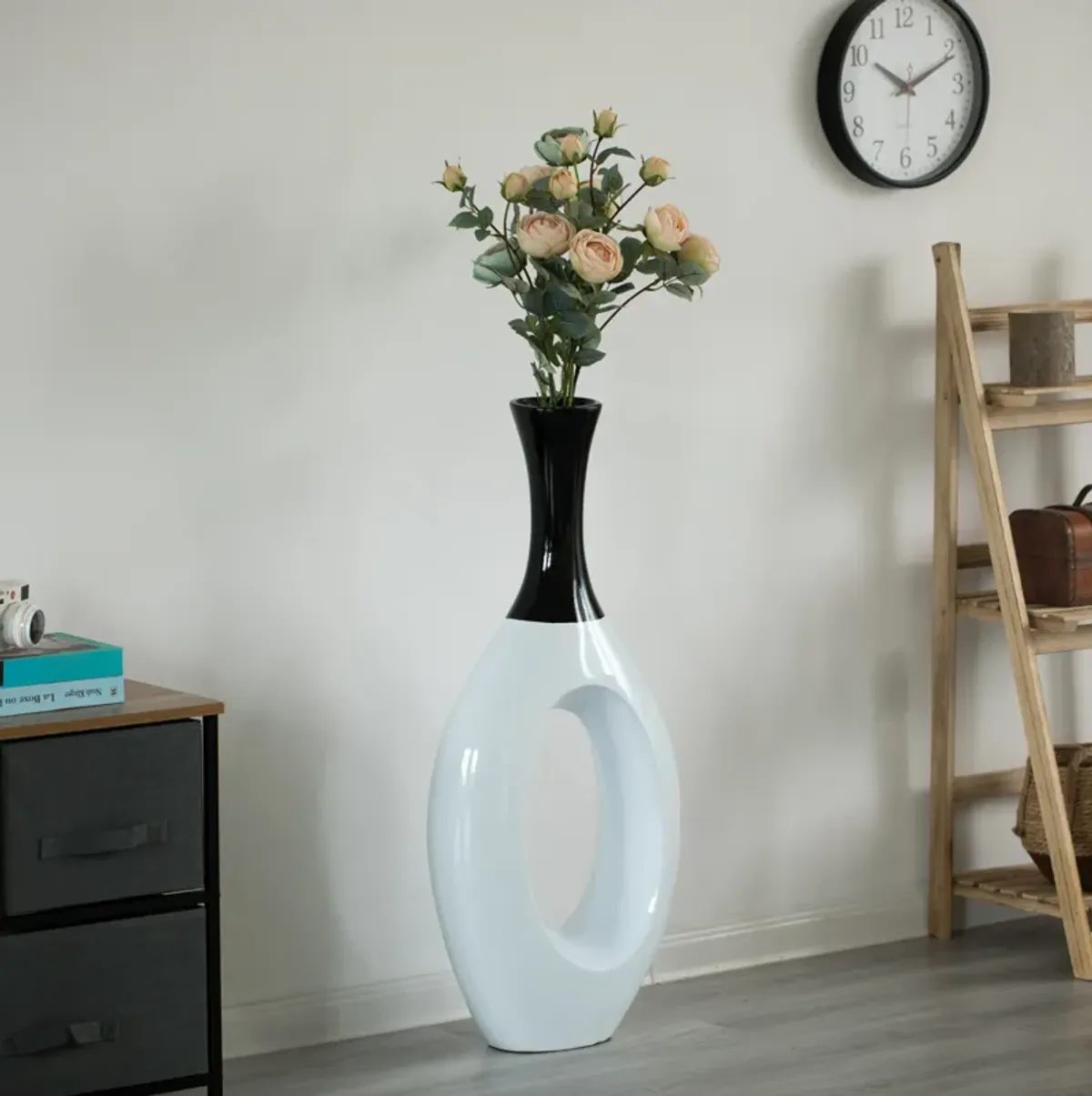 Contemporary Decorative White Floor Flower Vase with Black Neck, for Living Room, Entryway or Dining Room, 36 Inch