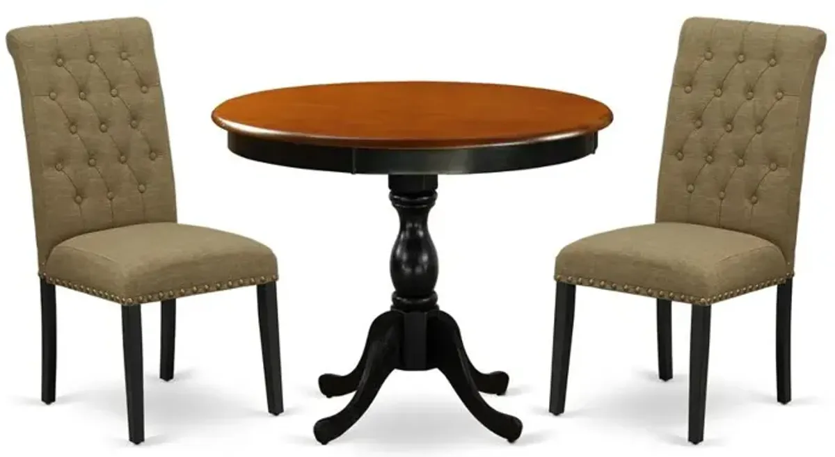 East West Furniture 3-Pc Modern Dining Set Includes a Wooden Dinner Table and 2 Light Sable Linen Fabric Upholstered Dining Chairs with Button Tufted Back - Black Finish