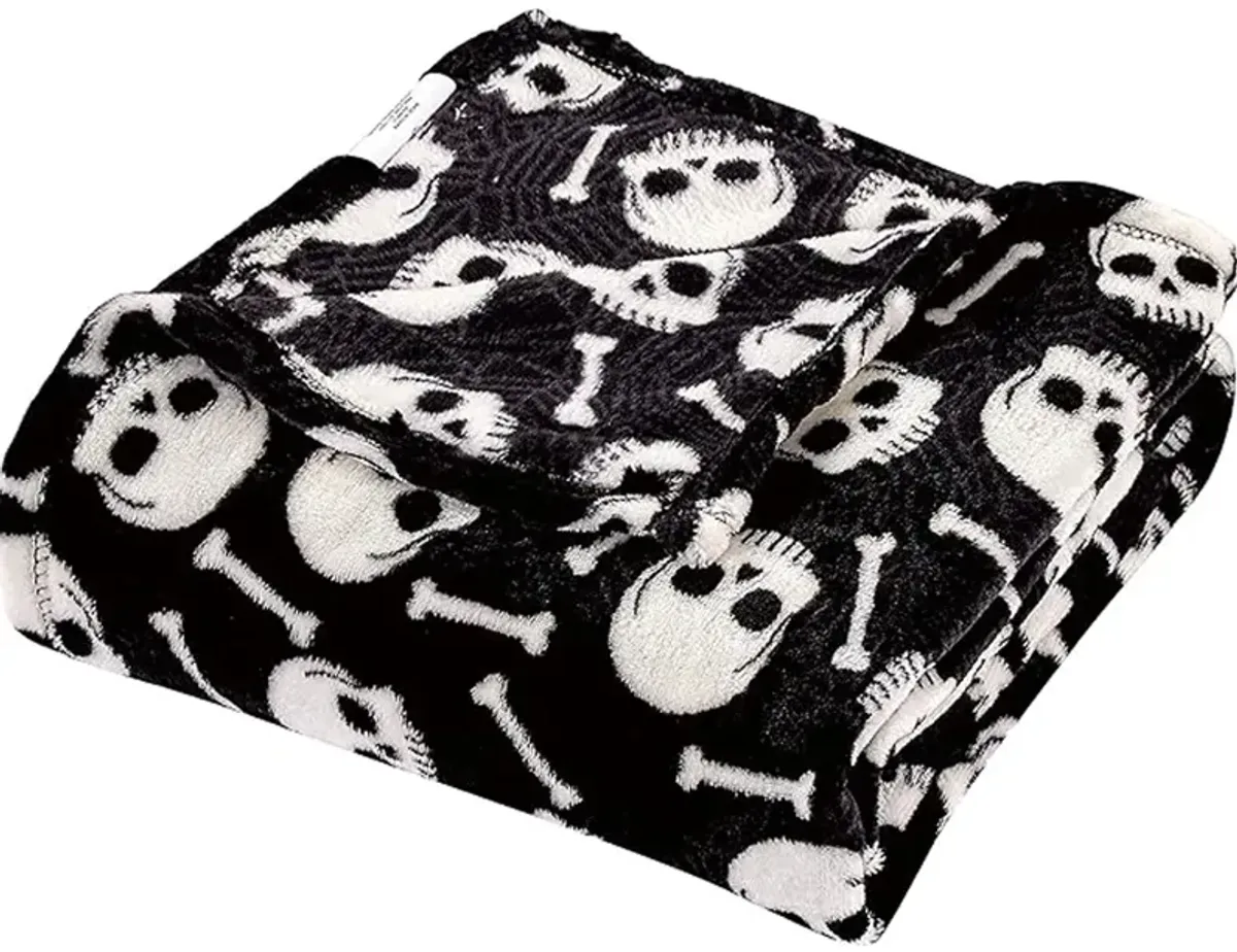 Plazatex Skull Bones Micro Plush Decorative Halloween Throw Blanket  50" X 60" Black And White