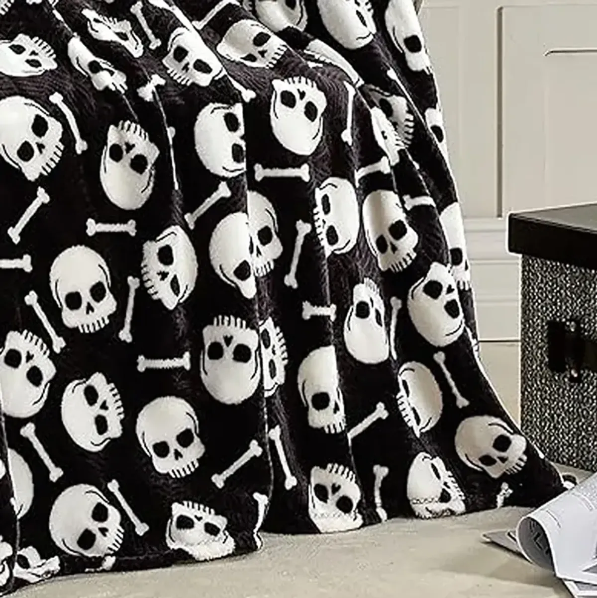 Plazatex Skull Bones Micro Plush Decorative Halloween Throw Blanket  50" X 60" Black And White