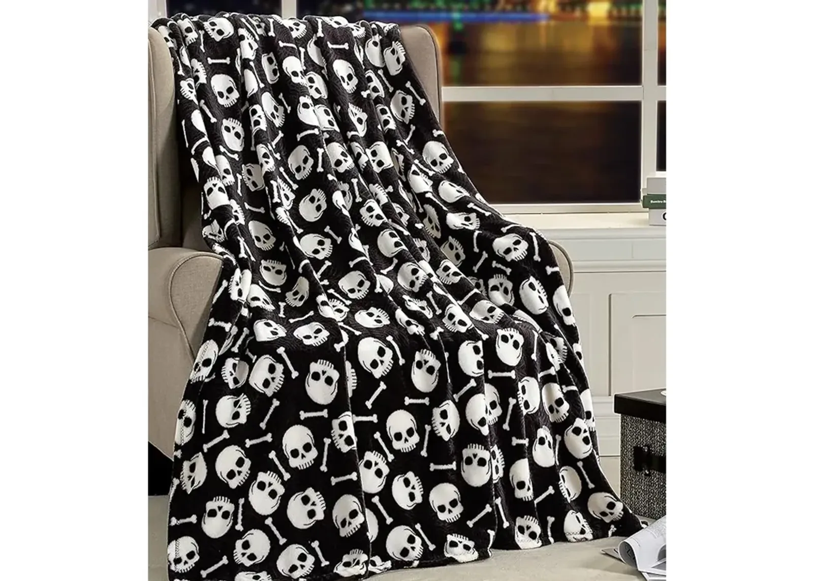 Plazatex Skull Bones Micro Plush Decorative Halloween Throw Blanket  50" X 60" Black And White