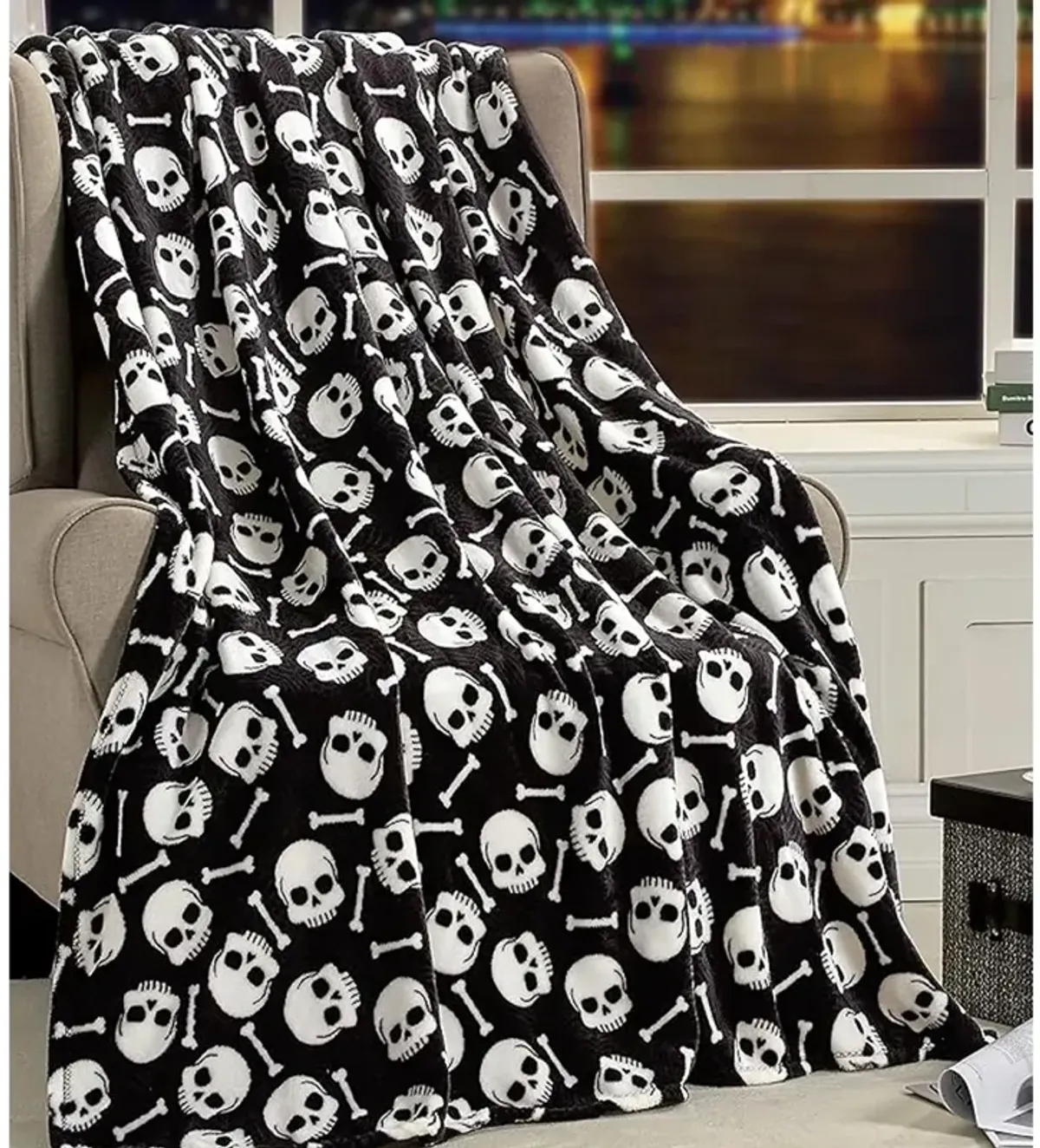 Plazatex Skull Bones Micro Plush Decorative Halloween Throw Blanket  50" X 60" Black And White