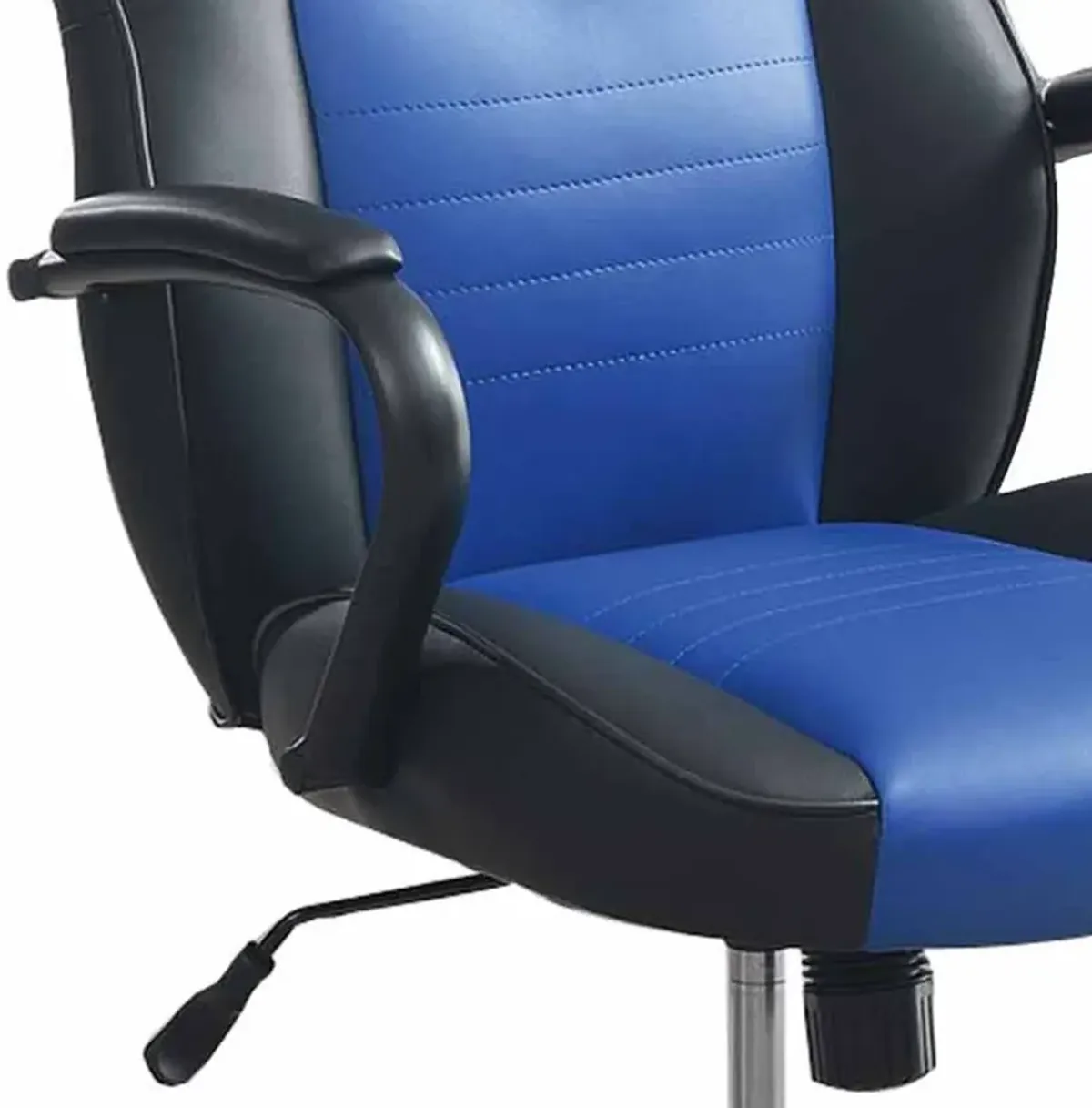 Rue 27 Inch Ergonomic Office Chair, Faux Leather Swivel Seat, Black, Blue-Benzara