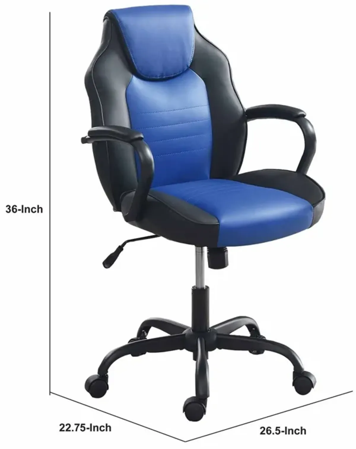 Rue 27 Inch Ergonomic Office Chair, Faux Leather Swivel Seat, Black, Blue-Benzara