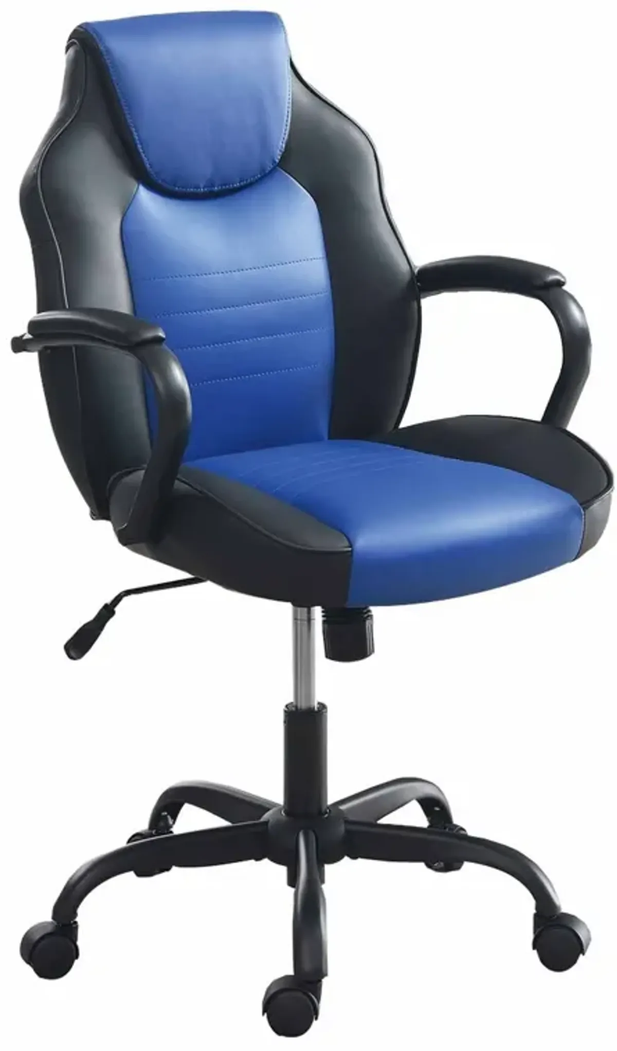 Rue 27 Inch Ergonomic Office Chair, Faux Leather Swivel Seat, Black, Blue-Benzara