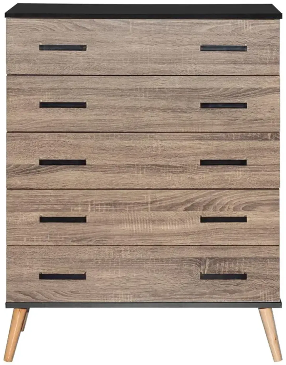 Better Home Products Eli Mid-Century Modern 5 Drawer Chest in Black & Sonoma Oak