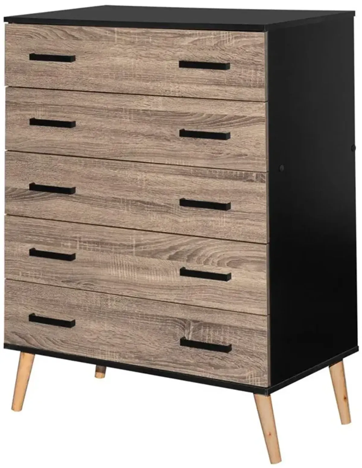 Better Home Products Eli Mid-Century Modern 5 Drawer Chest in Black & Sonoma Oak