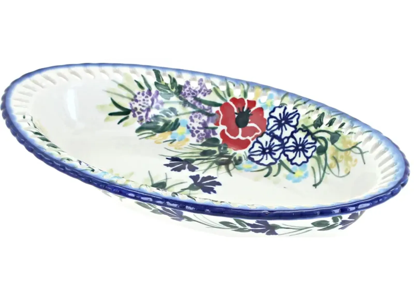 Blue Rose Polish Pottery Cherry Red Bouquet Small Oval Dish