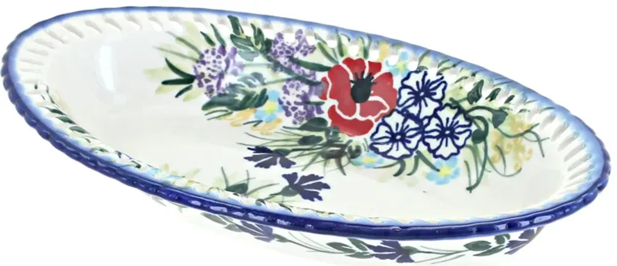 Blue Rose Polish Pottery Cherry Red Bouquet Small Oval Dish