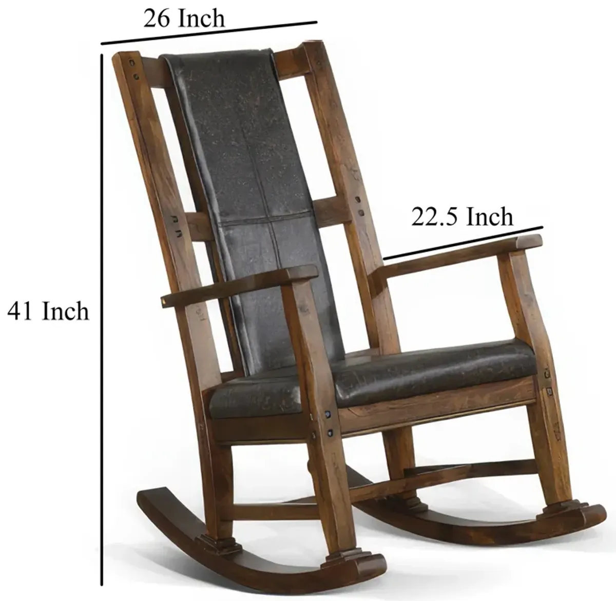 Jenne Rocking Chair, Faux Leather Seat and Back, Antique Dark Brown - Benzara