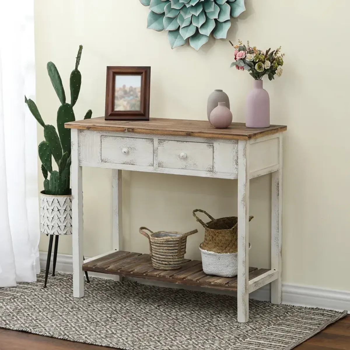 LuxenHome Distressed  and Wood 2-Drawer 1-Shelf Console and Entry Table