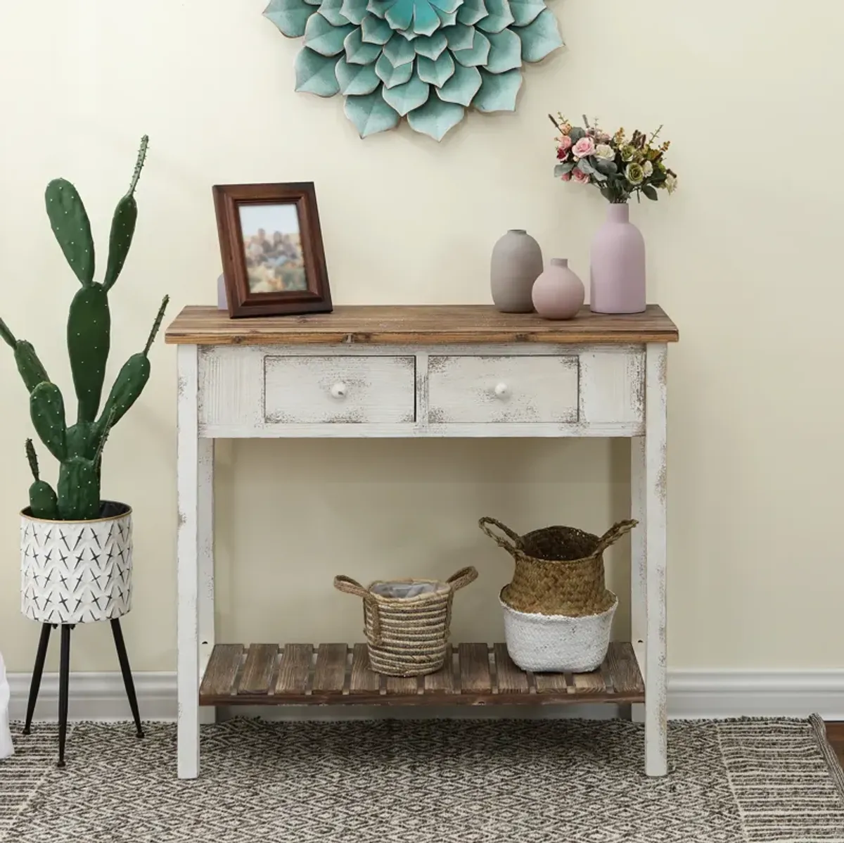 LuxenHome Distressed  and Wood 2-Drawer 1-Shelf Console and Entry Table