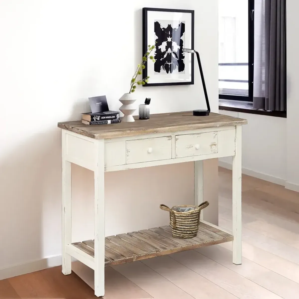 LuxenHome Distressed  and Wood 2-Drawer 1-Shelf Console and Entry Table