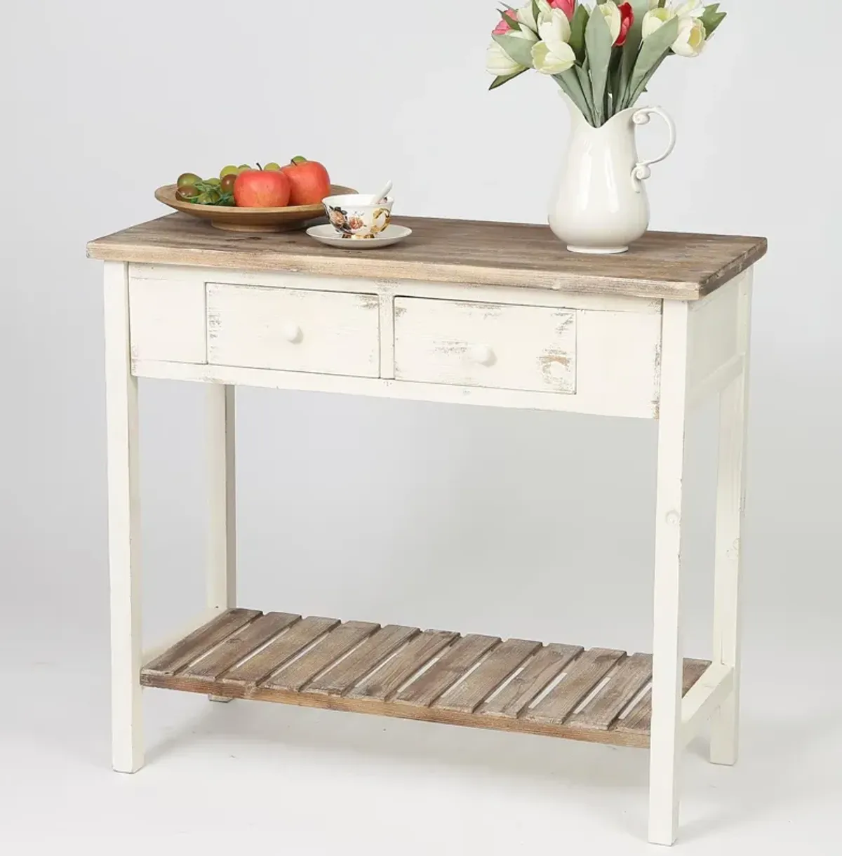 LuxenHome Distressed  and Wood 2-Drawer 1-Shelf Console and Entry Table