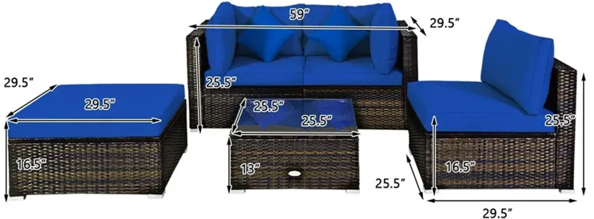 5 Pcs Outdoor Patio Rattan Furniture Set Sectional Conversation with Navy Cushions