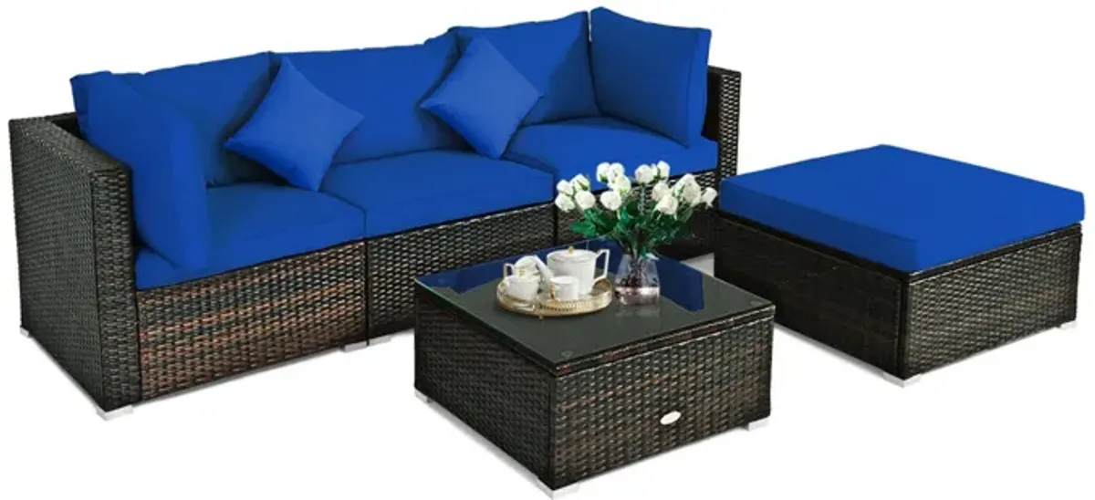 5 Pcs Outdoor Patio Rattan Furniture Set Sectional Conversation with Navy Cushions