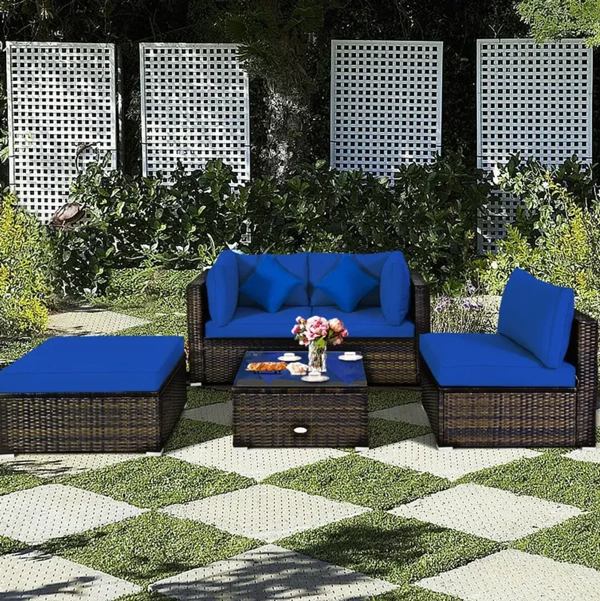 5 Pcs Outdoor Patio Rattan Furniture Set Sectional Conversation with Navy Cushions