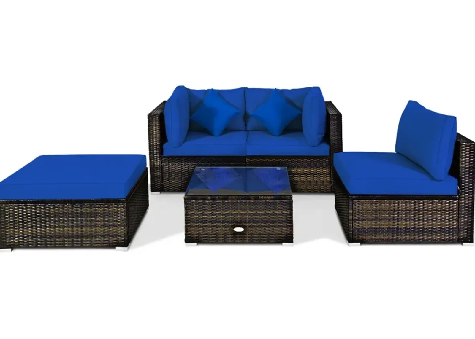 5 Pcs Outdoor Patio Rattan Furniture Set Sectional Conversation with Navy Cushions