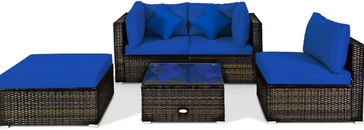 5 Pcs Outdoor Patio Rattan Furniture Set Sectional Conversation with Navy Cushions