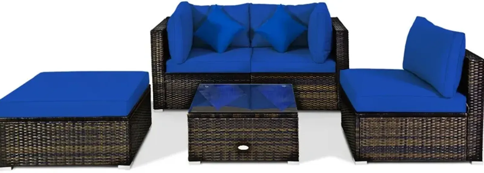 5 Pcs Outdoor Patio Rattan Furniture Set Sectional Conversation with Navy Cushions