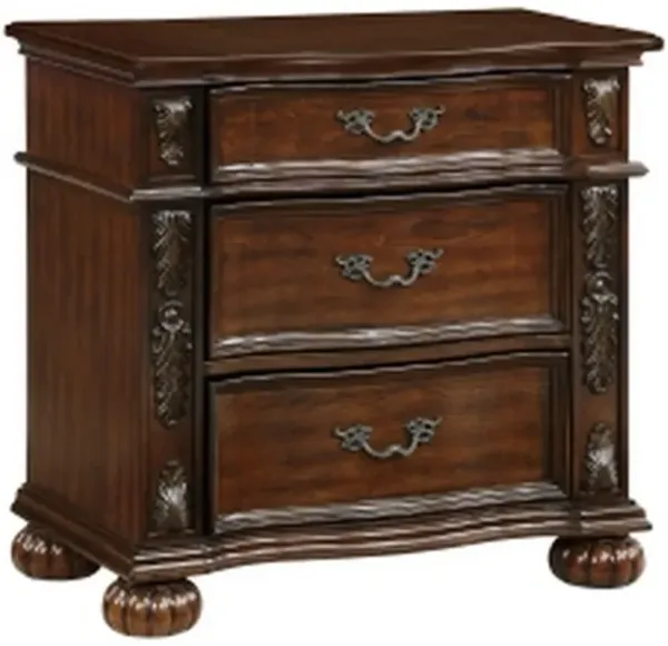 Nami 32 Inch Nightstand, 3 Drawers, Leaf Carvings, Cherry Brown Solid Wood - Benzara