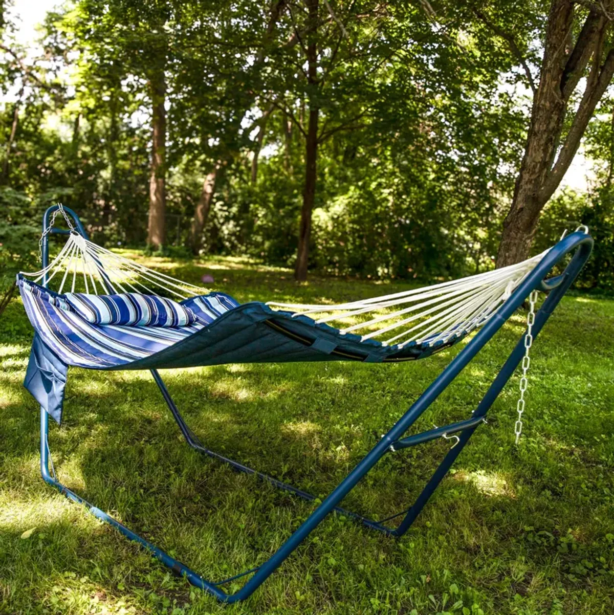 2-Person Polyester Hammock with Iron Spreader Bar and Pillow