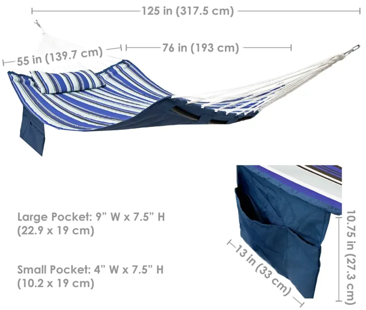 2-Person Polyester Hammock with Iron Spreader Bar and Pillow