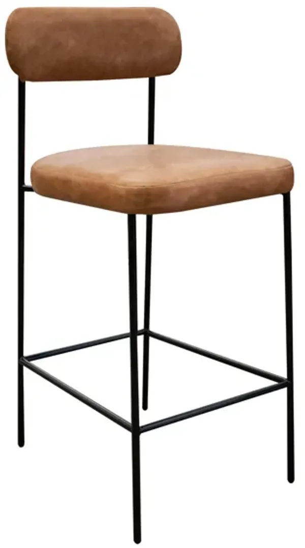 Iffa Barstool Chair, Open Back, Black Iron, Cognac Brown Faux Leather - Benzara