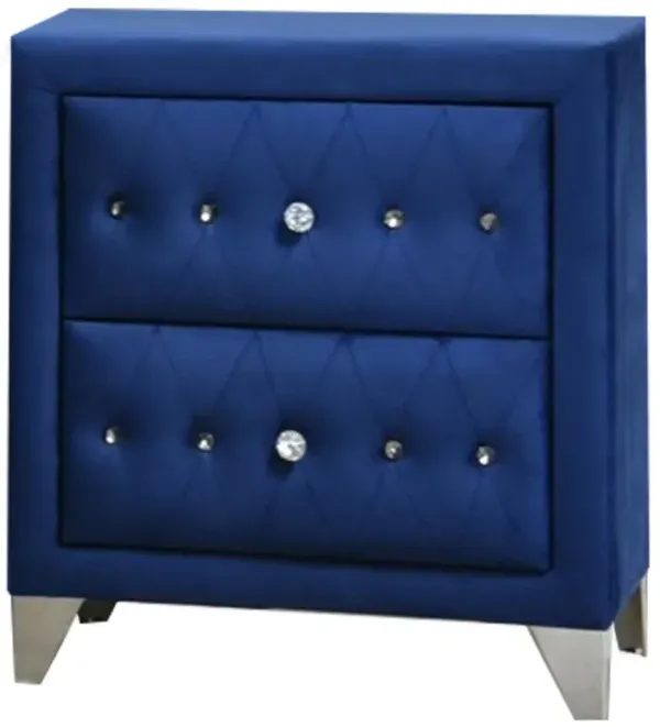 Velvet Upholstered 2 Drawer Wooden Nightstand with Faux Crustal Knobs, Blue-Benzara