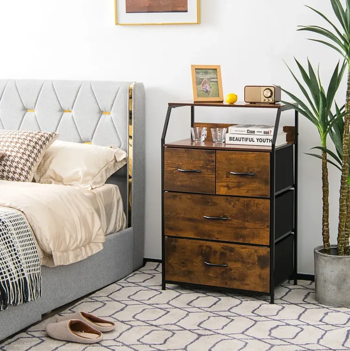 Freestanding Cabinet Dresser with Wooden Top Shelves