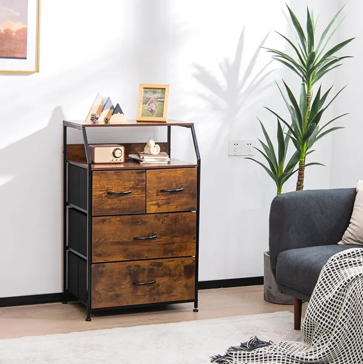 Freestanding Cabinet Dresser with Wooden Top Shelves