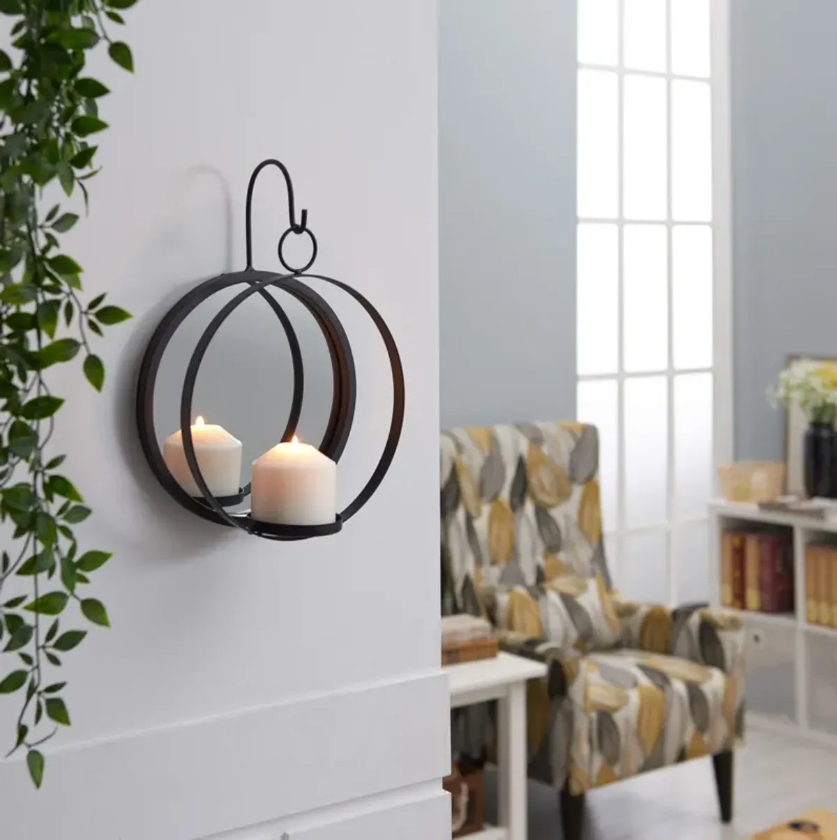 Round Wrought Iron Pillar Candle Sconce with Mirror � Rustic Metal Hanging Wall Candleholder