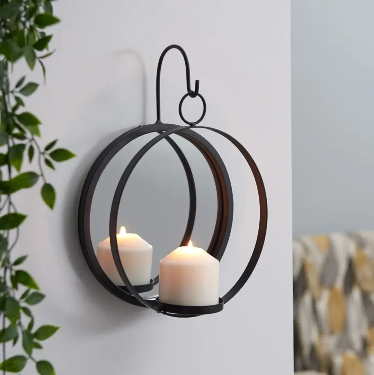 Round Wrought Iron Pillar Candle Sconce with Mirror � Rustic Metal Hanging Wall Candleholder