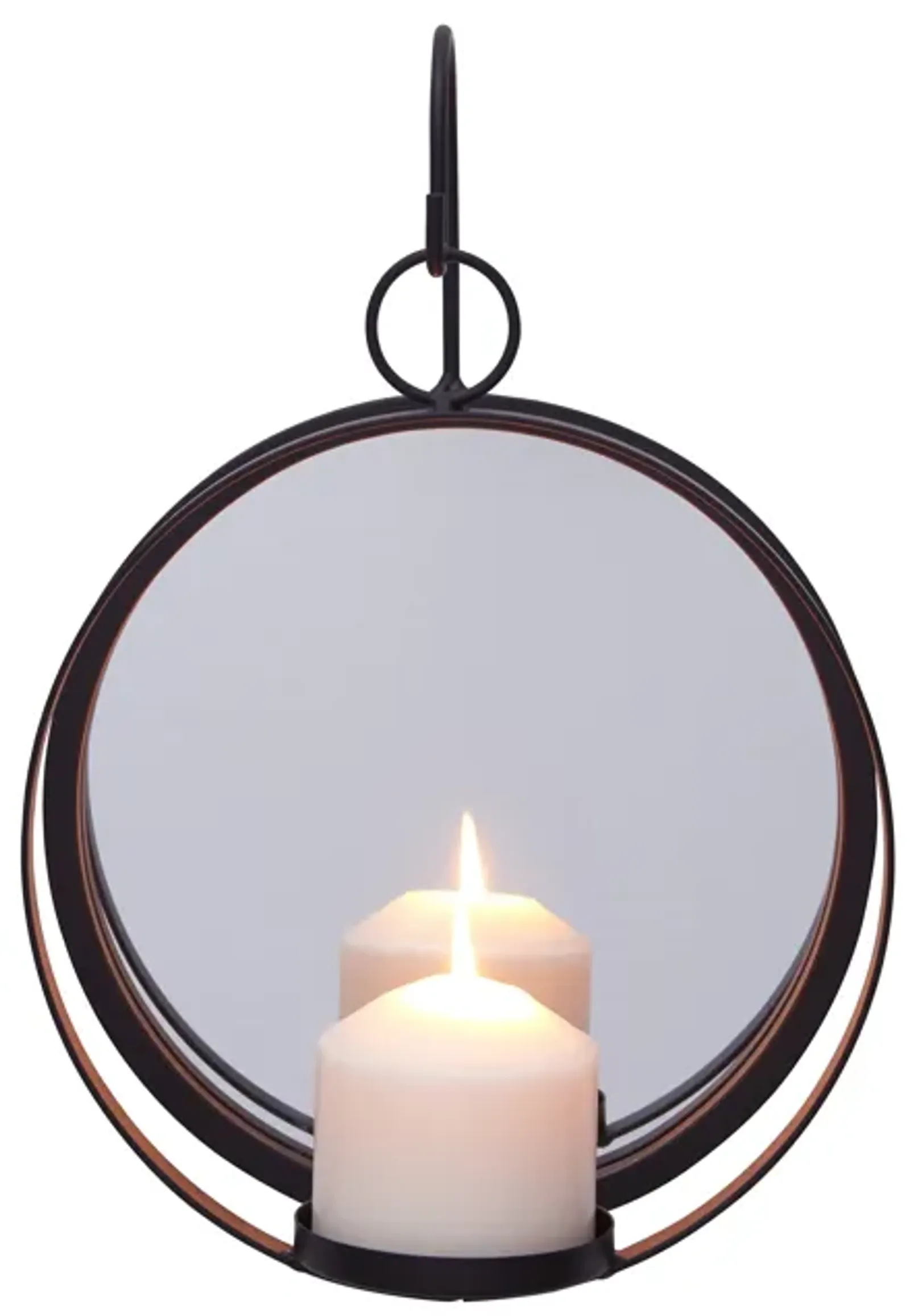 Round Wrought Iron Pillar Candle Sconce with Mirror � Rustic Metal Hanging Wall Candleholder