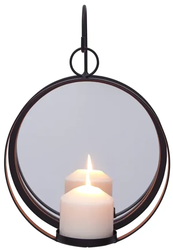 Round Wrought Iron Pillar Candle Sconce with Mirror Rustic Metal Hanging Wall Candleholder