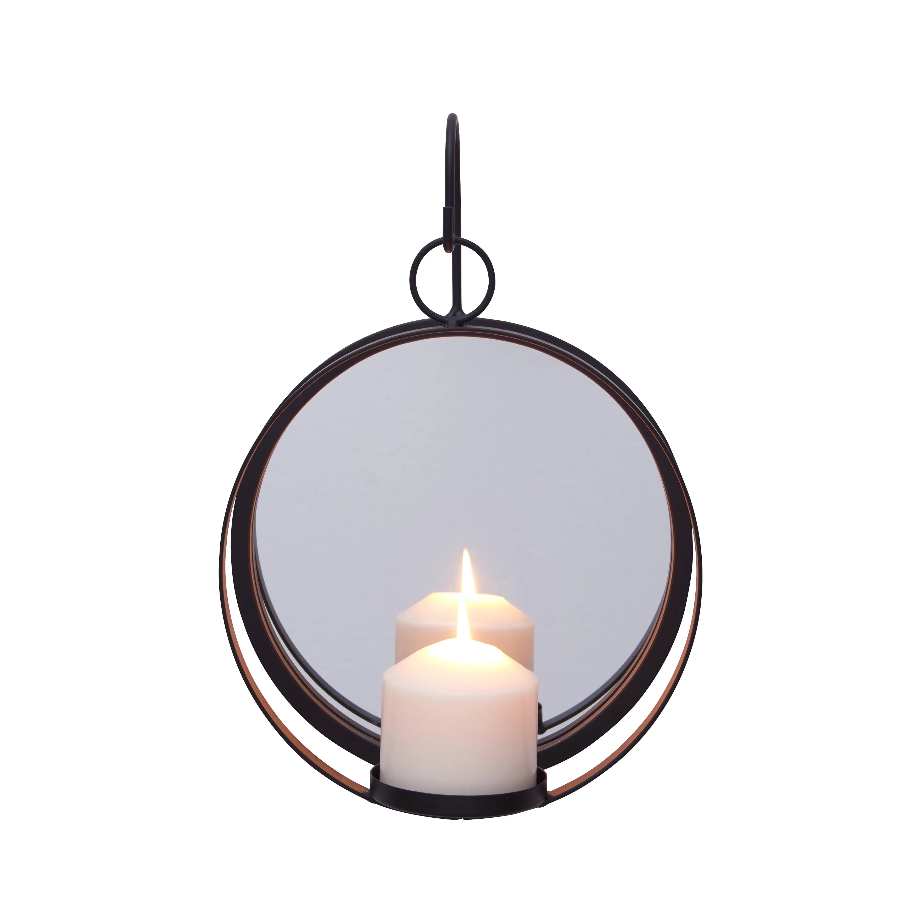 Round Wrought Iron Pillar Candle Sconce with Mirror � Rustic Metal Hanging Wall Candleholder