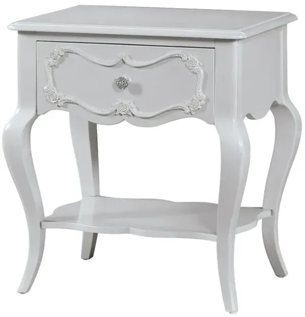 Benjara 26 Inch Nightstand Table with 1 Drawer, Rose Inlay, Queen Anne Legs, Gray and Nickel