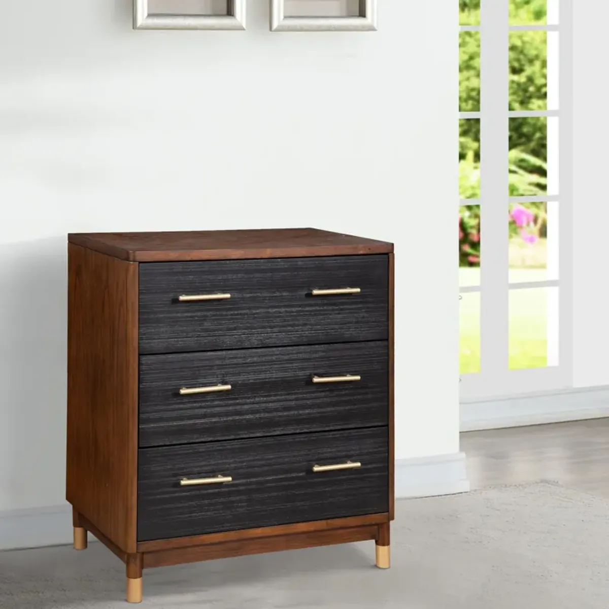 Chest with 3 Drawers and Round Legs, Brown and Black-Benzara