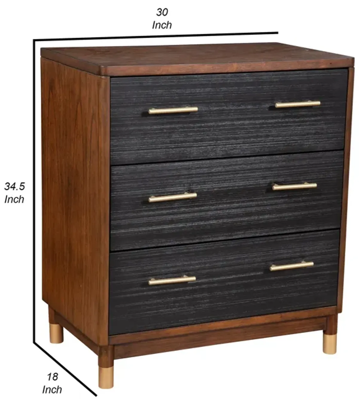 Chest with 3 Drawers and Round Legs, Brown and Black-Benzara