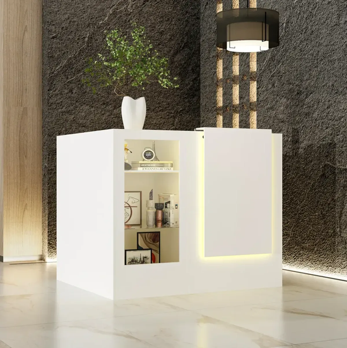 FUFU&GAGA Modern White Corner Reception Desk with LED Lights and USB,(47.2" W x 39.4" D x 40.6 H),White