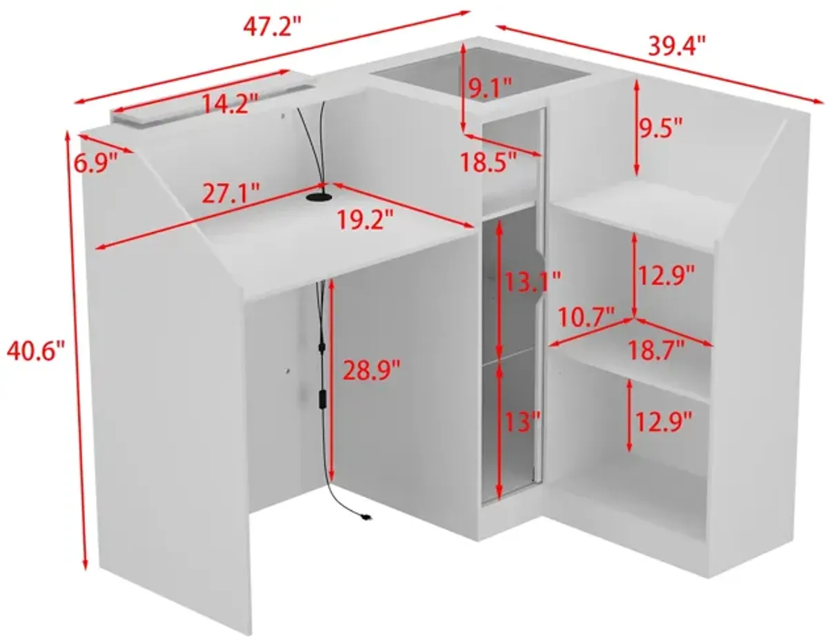 FUFU&GAGA Modern White Corner Reception Desk with LED Lights and USB,(47.2" W x 39.4" D x 40.6 H),White