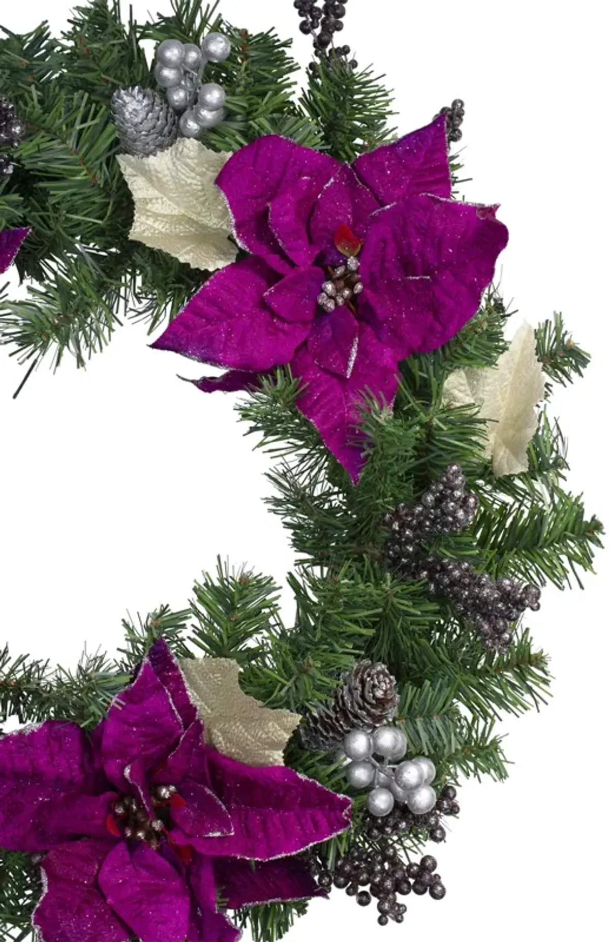 Purple Poinsettia and Silver Pine Cone Artificial Christmas Wreath - 24-Inch  Unlit