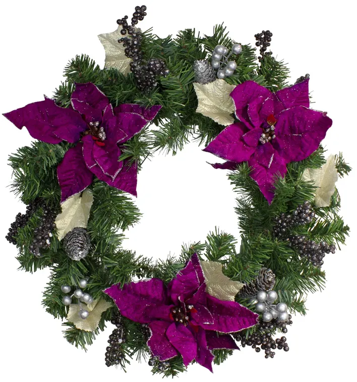 Purple Poinsettia and Silver Pine Cone Artificial Christmas Wreath - 24-Inch  Unlit