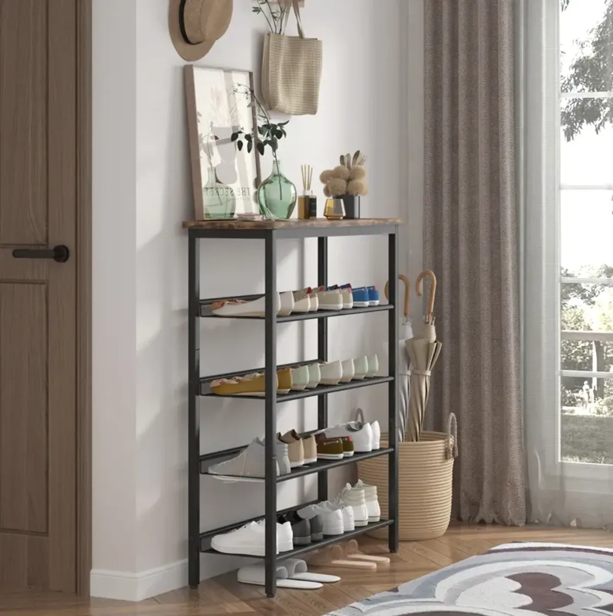 Adjustable 5-Layer Industrial Shoe Rack with Mesh Shelves