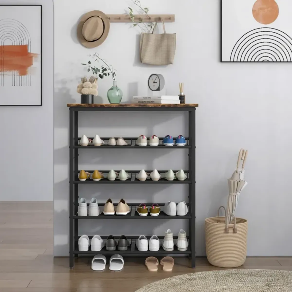 Adjustable 5-Layer Industrial Shoe Rack with Mesh Shelves